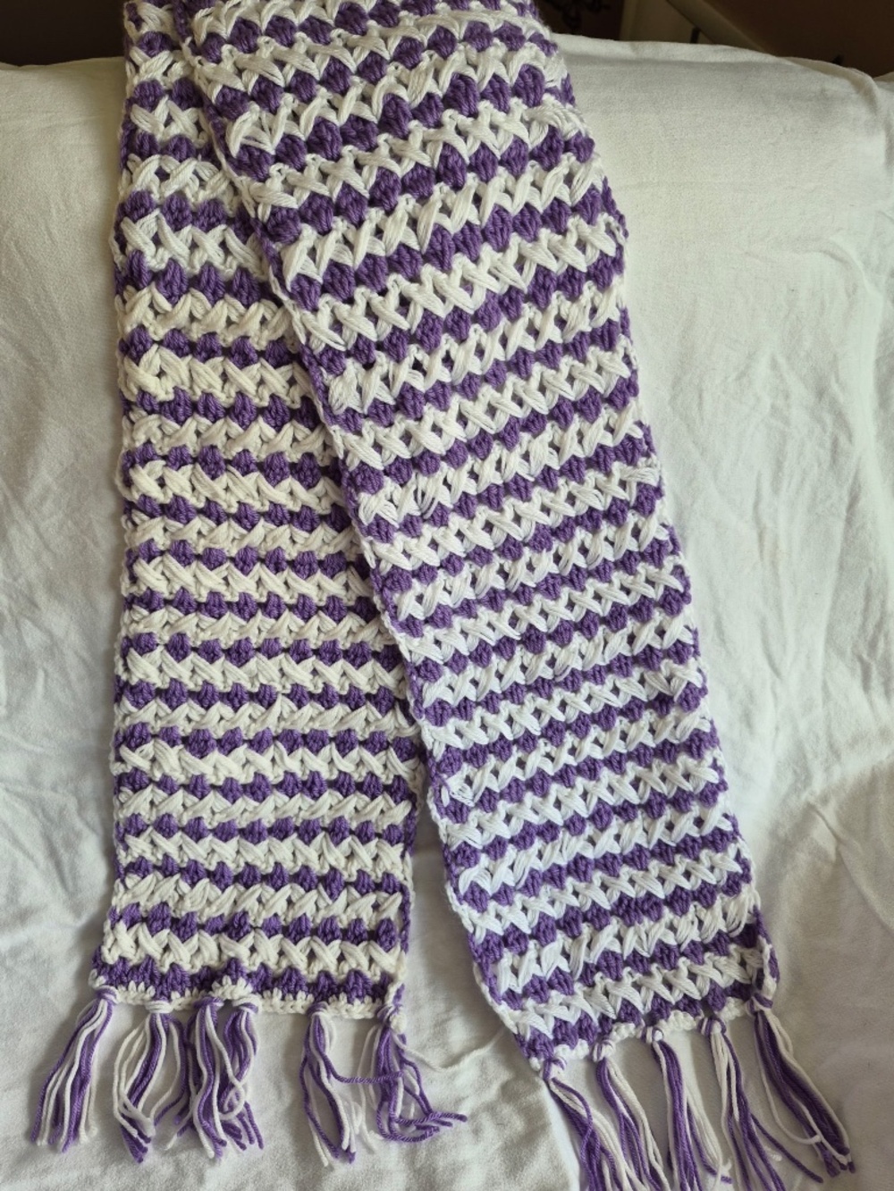 Handmade Strip Crochet Scarf White and Purple with Fringe